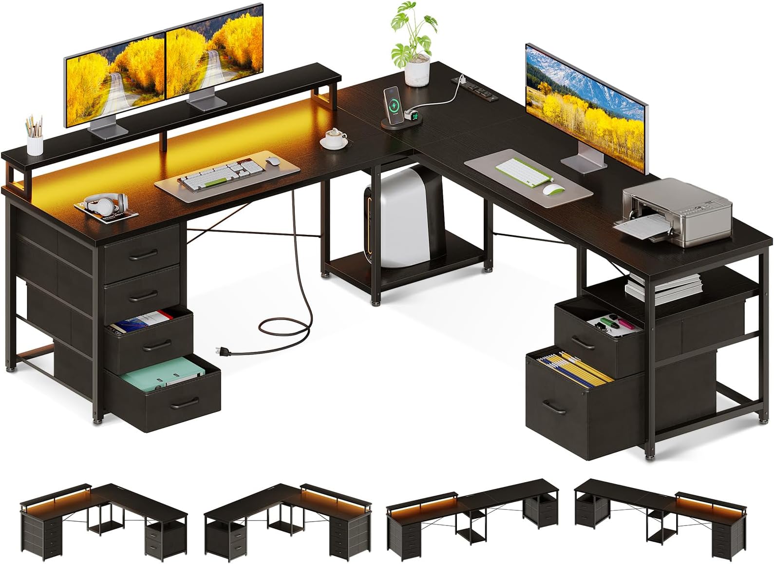 AODK 66" L Shaped Computer Desk, 113“ Reversible Home Office Desk with File Cabinet & 4 Fabric Drawers, Two Person Desk with LED Lights & Power Outlet, Corner Gaming Desk with Monitor Shelf, Black