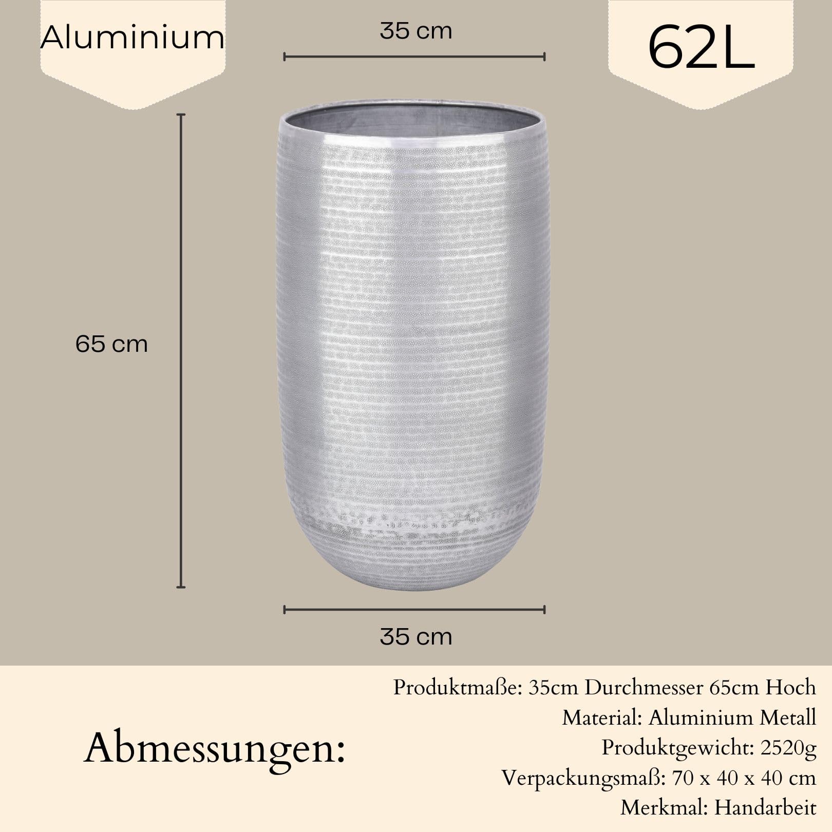 Marrakesch XXL aluminiowa donica na kwiaty, wazon podłogowy, 65 cm, srebrna, matowa | doniczka na rośliny, kolumna na kwiaty, 62 l, duża, okrągła, do użytku na zewnątrz i wewnątrz | doniczka na kwiaty