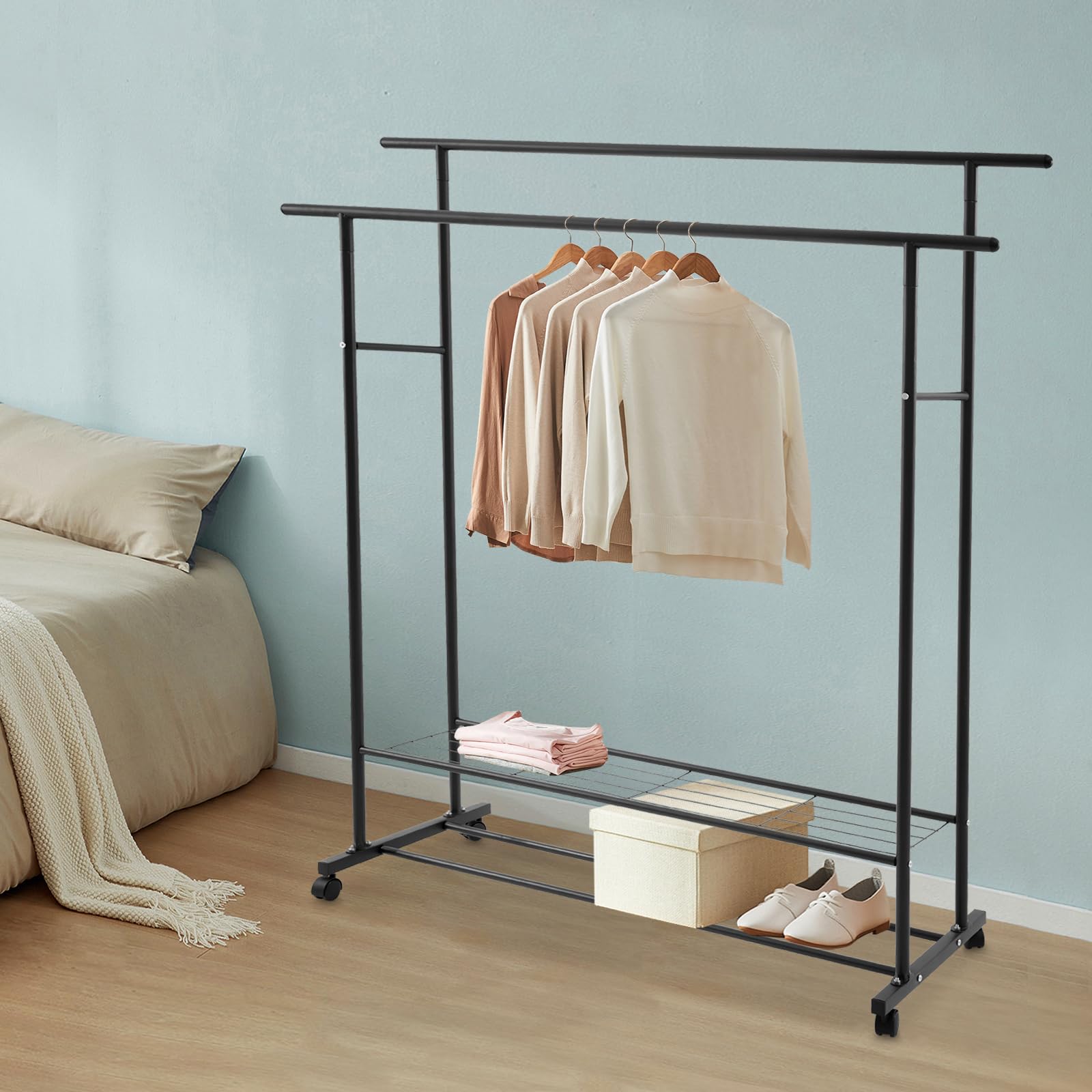 Perchero con ruedas para colgar ropa, perchero con ruedas, de hierro y plástico, perchero portátil con estantes, para ropa, bufandas, sombreros, bolsos (negro)
