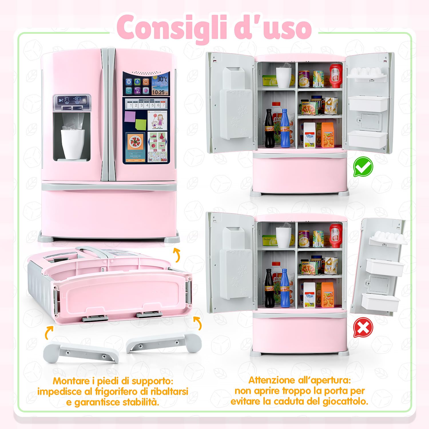 PLAY Set di accessori da cucina per bambini, frigorifero con dispenser di ghiaccio, set di accessori da cucina con frigorifero per bambini, giocattolo alimentare, cubetti di ghiaccio, utensili da
