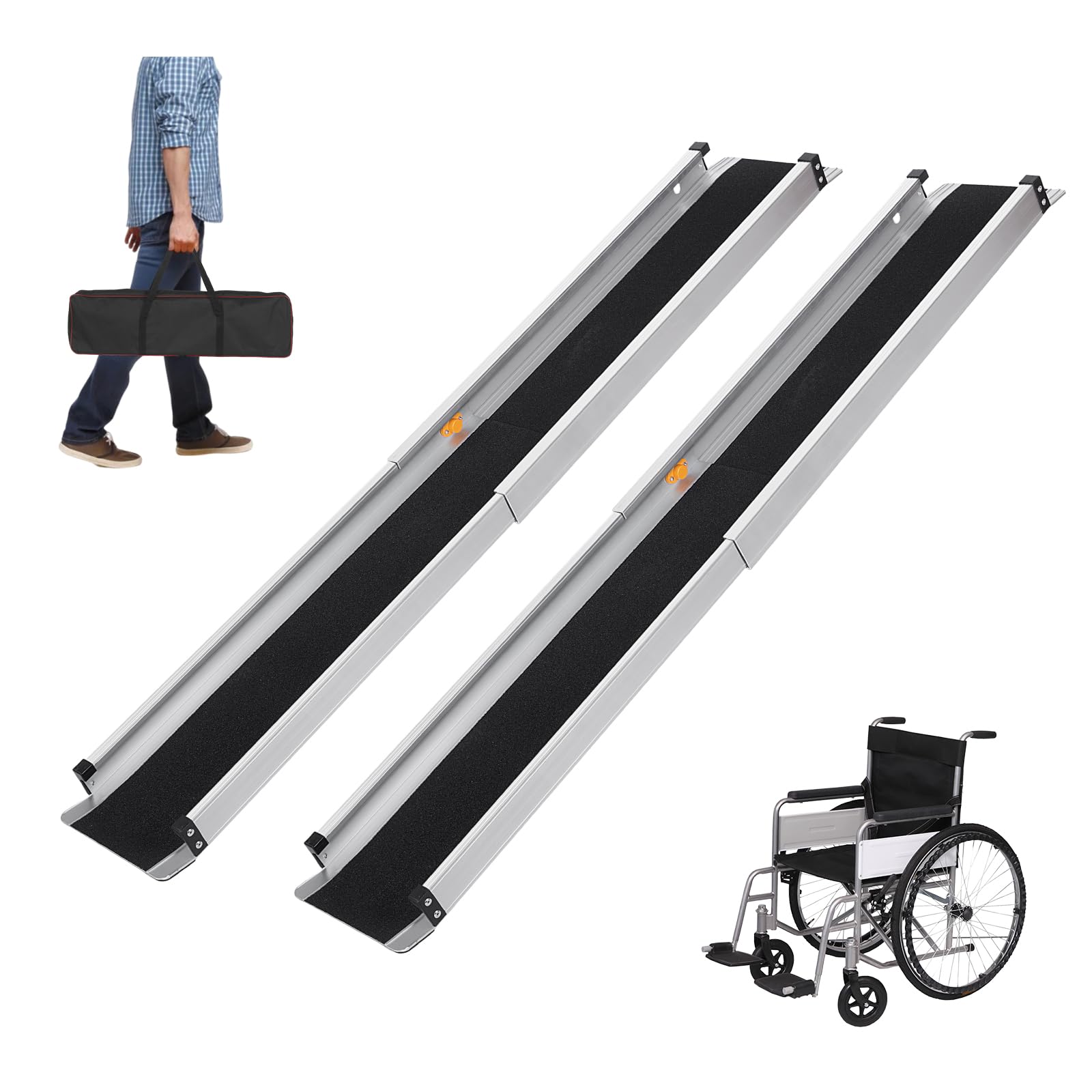 2PCS Rampes Télescopiques pour Fauteuils Roulants, Rampe d'Accès pour Fauteuils Roulants Rampe d'Accès Antidérapante Réglable avec Bords de Sécurité Max 300kg, Sac de Transport Inclus