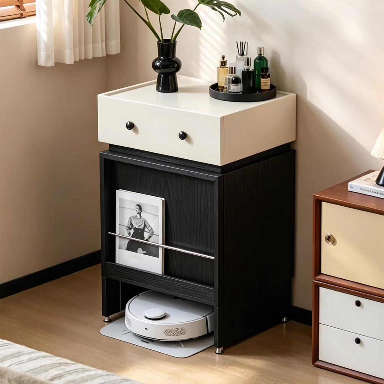 Robot Vacuum Hidden Storage Cabinet with Wheels and Drawer, Side Table