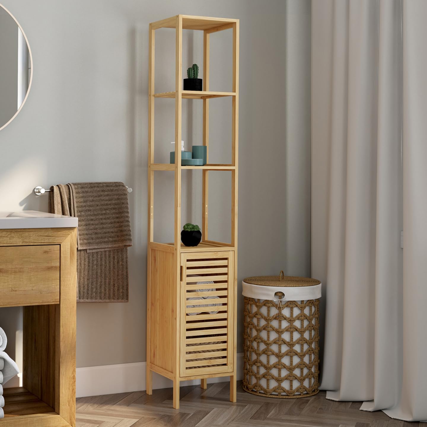IDMarket - Meuble Colonne Salle de Bain Bambou BEA 1 Porte