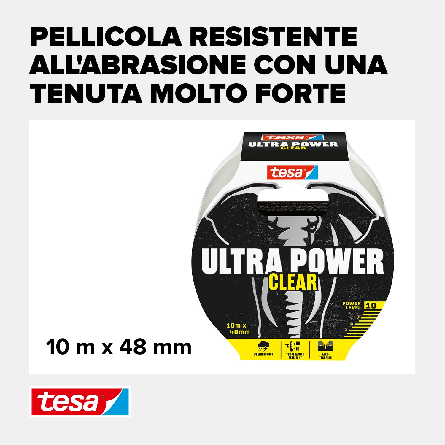 tesa Nastro per Riparazioni Ultra Power Clear - Nastro di riparazione trasparente per riparazioni invisibili - Resistente alle intemperie e strappabile a mano - 10 m x 48 mm