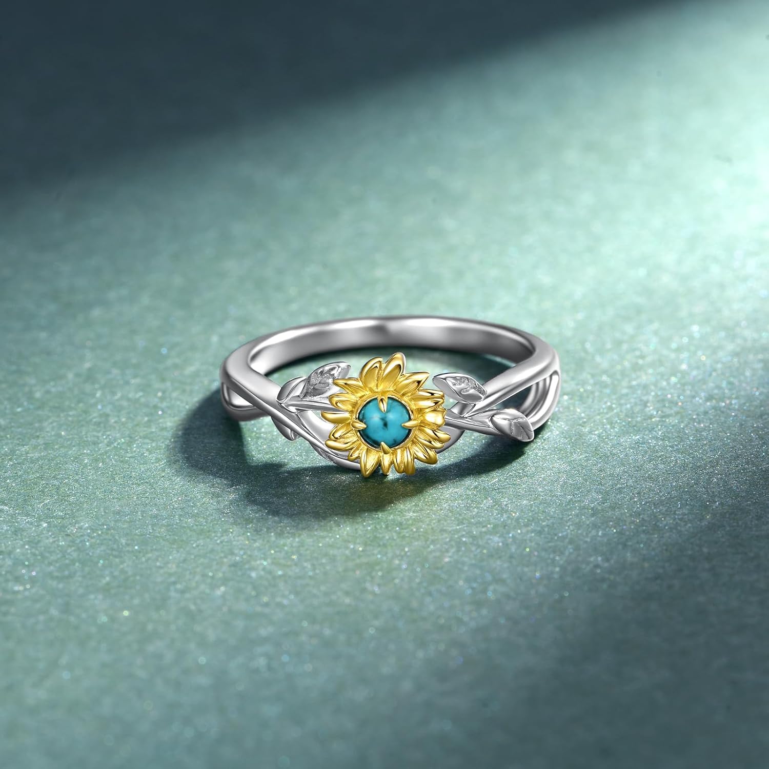 Genuine Turquoise Rings 925 Sterling Silver Sunflower Turquoise Rings Western Nature Gemstone Turquoises Jewelry Gifts for Women