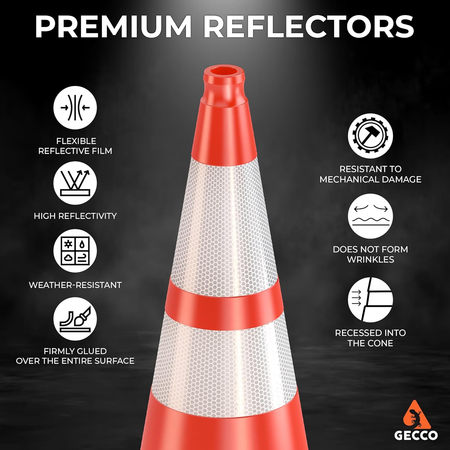 GECCO ™ (6 Pack) 28 Inch 7 Lb Heavy Duty Orange Traffic Cones Set | Durable Safety Cones, Orange Cones, Parking Cones, Construction Cones, Road Cones | PVC Plastic & Black Base - [PRO Series]
