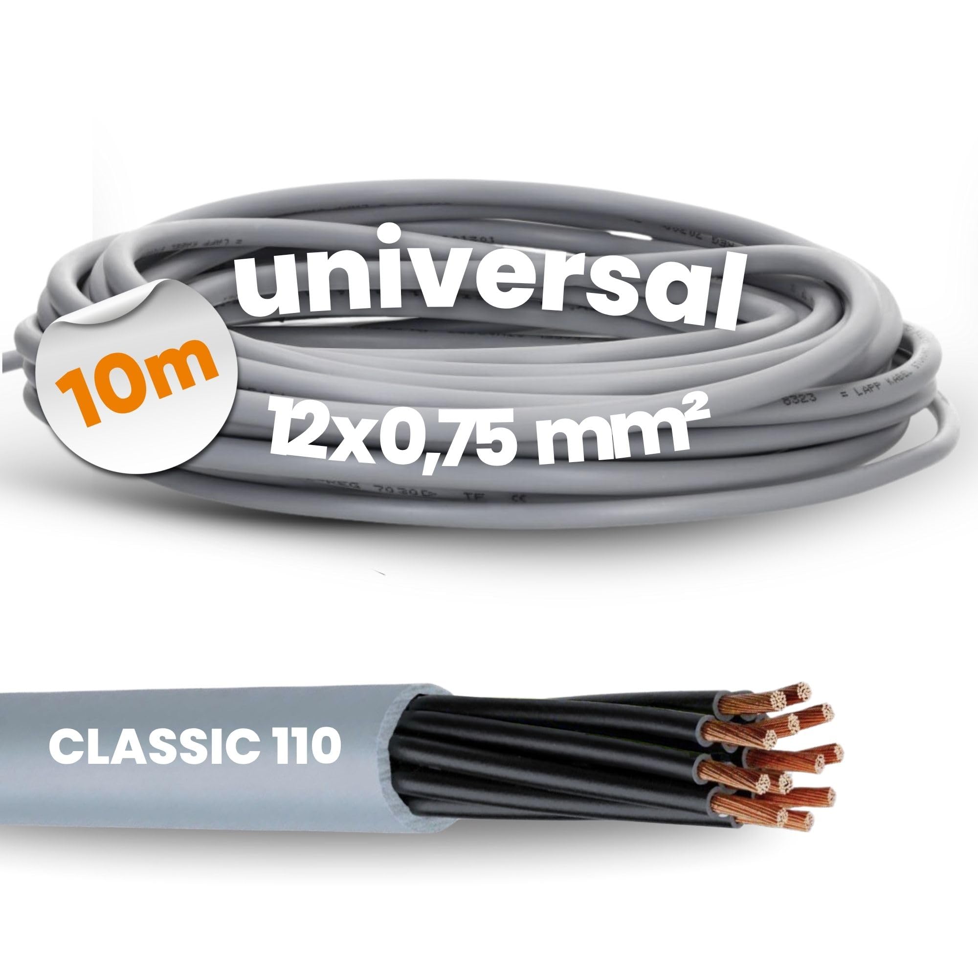 Lapp 10m Ölflex Classic 110 Câble de Commande PVC 12x0,75 mm² Gris | Fil fin à 12 conducteurs numérotés sans terre, 300/500 V, résistant aux huiles et produits chimiques, usage industriel