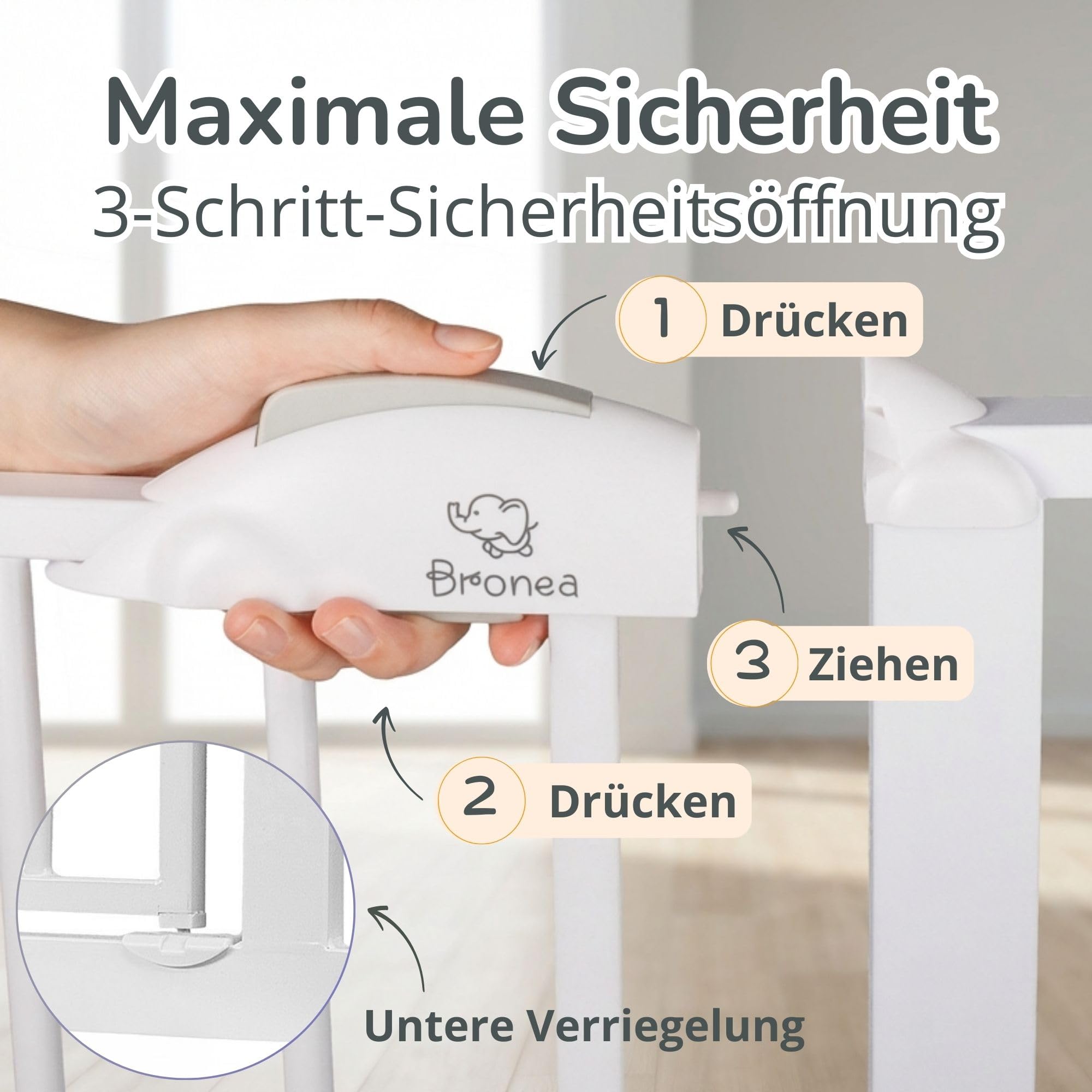 Cleo Treppenschutzgitter ohne Bohren | Kinderschutzgitter Tür & Treppe 89-96 cm | Auto-Close | 3-Schritt-Sicherung | beidseitig öffnend | verlängerbar bis 165 cm