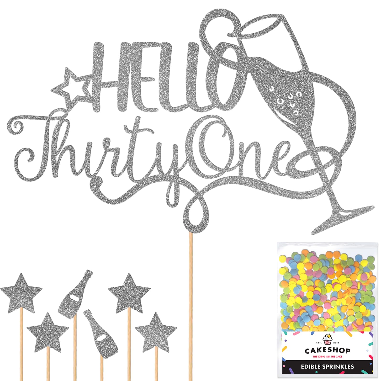 Personalised Champagne/Prosecco Flutes Glitter Cake Topper - Dark Silver Custom Age Glitter Cake Decoration and Sprinkles - Happy Birthday Decorations - Personalised Toppers for Cakes by Cakeshop โ image 1