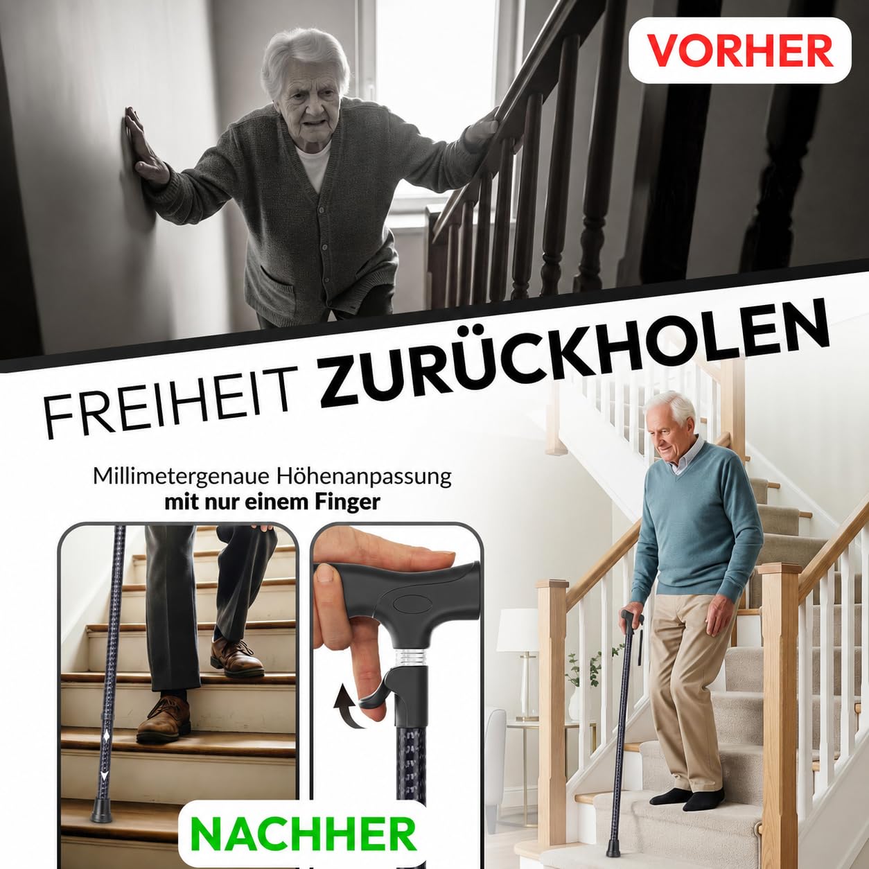 Gehstock Damen Herren – automatisch aufklappbar, höhenverstellbar 65–102 cm | Leichte Gehhilfe für Senioren mit Klickmechanismus, ergonomischem Griff und kompakt faltbarem Design für Alltag und Reisen.