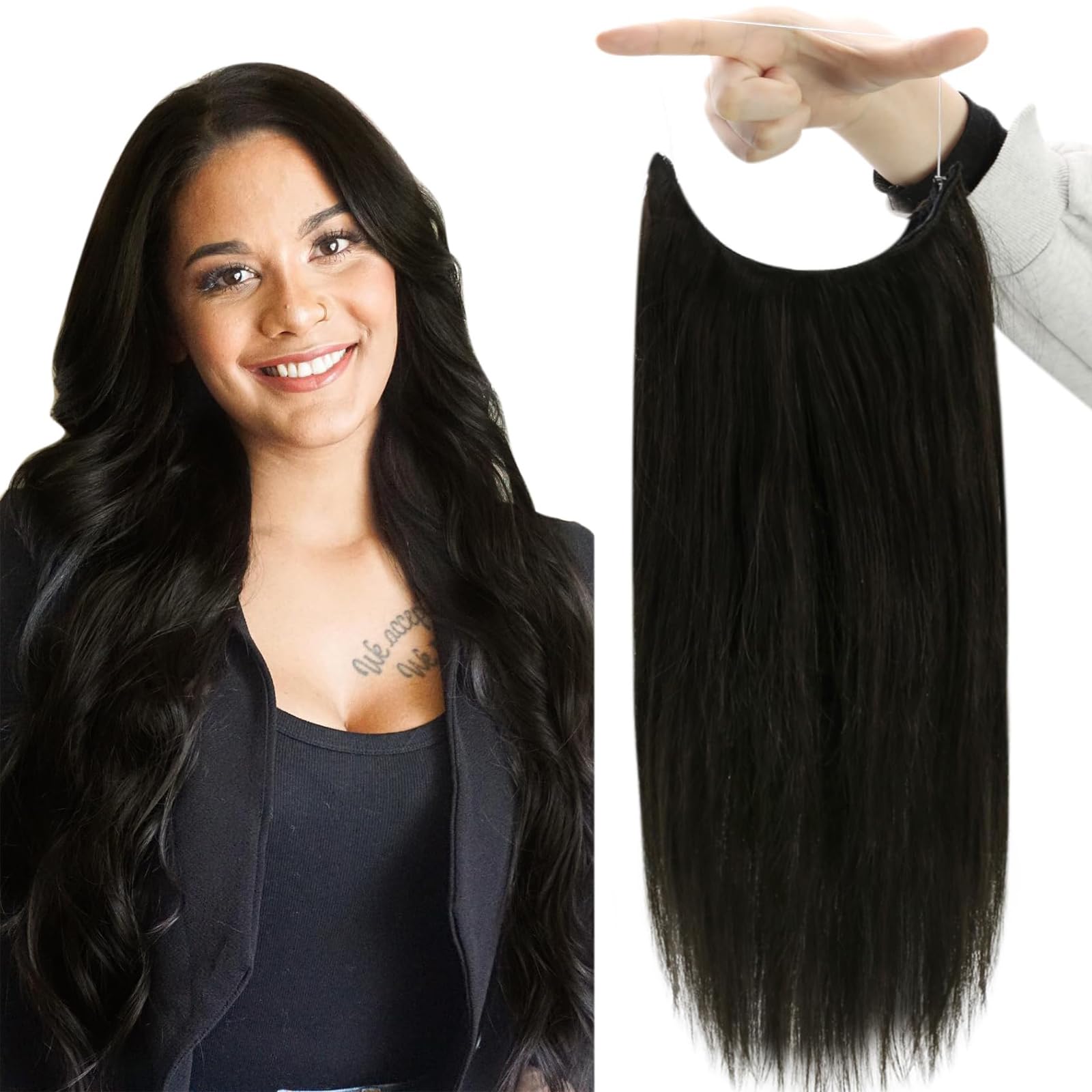 Fshine Invisible Wire Hair Extensions Remy Human Hair 20 Inch Natural Fish Line Hair Extensions 80G Straight Clip in Extensions One Piece Hidden Wire Hair for Women