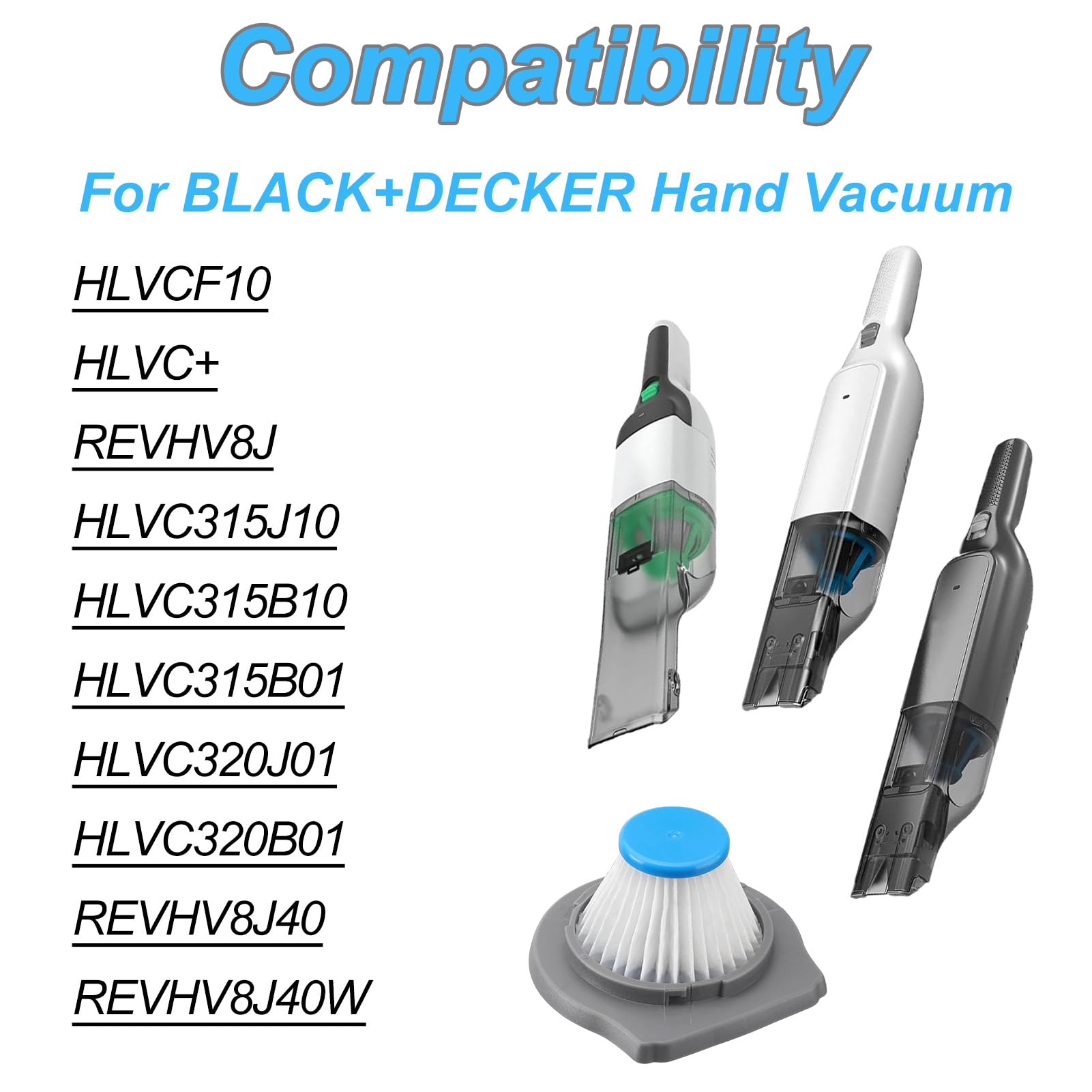 4 Pack Filter Element for BLACK+DECKER Hand Vacuum Models for HLVCF10, HLVC+ REVHV8J, HLVC315J10, HLVC315B10, HLVC315B01, HLVC320J01, HLVC320B01, REVHV8J40, REVHV8J40W