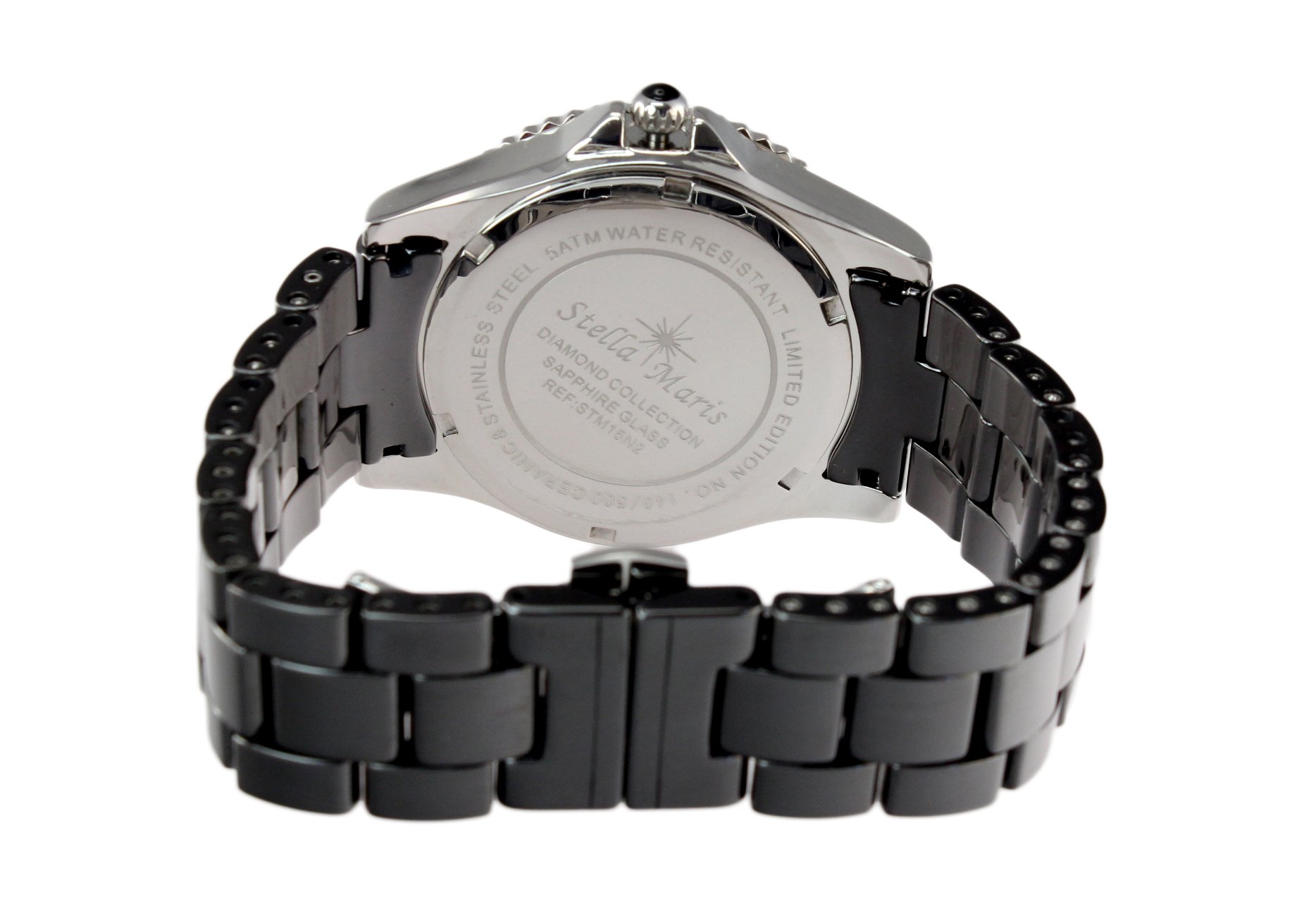 Stella Maris Damen Armbanduhr Analog Quarz Uhr Stilvolle Elegante Damenuhr Frauenuhr Schwarz Silber Premium Keramik Armband Diamanten Swarovski STM15N2