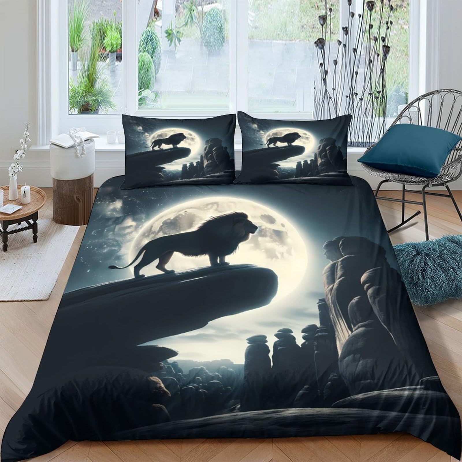 3D Printed Lion Moon Duvet Cover Microfiber Soft Breathable Wildlife Bedding Set with 2 Pillowcases for Bedroom Decor Single（135x200cm）