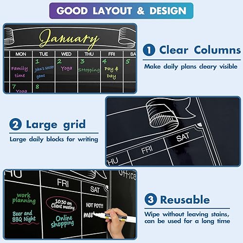 Miniatura 3 de Party Funny Calendario de pared de pizarra de tiza gigante laminada negra de borrado en seco, 38 x 50 pulgadas, tablero de anuncios semanal mensual