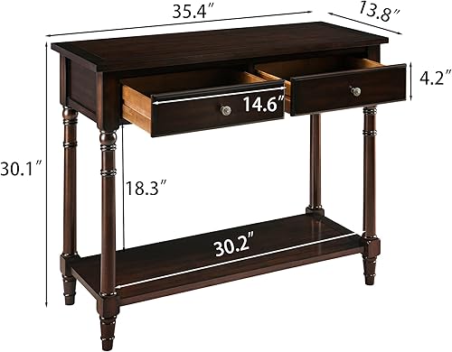 Miniatura 2 de Mesa consola de madera maciza con 2 cajones, mesa de sofá decorativa de 2 niveles de 35.4 x 30 pulgadas con estante de almacenamiento multicapa,