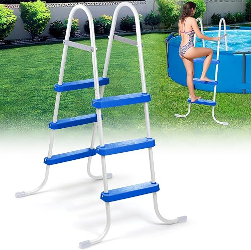 3-Step 42" Steel Frame Above Ground Swimming Pool Ladder, Heavy Duty Metal Frame Double-Side Pool Ladder with Non-Slip Plastic Steps for Easy Entry and Exit, 300LB Capaticy, for 42In High Wall Pool