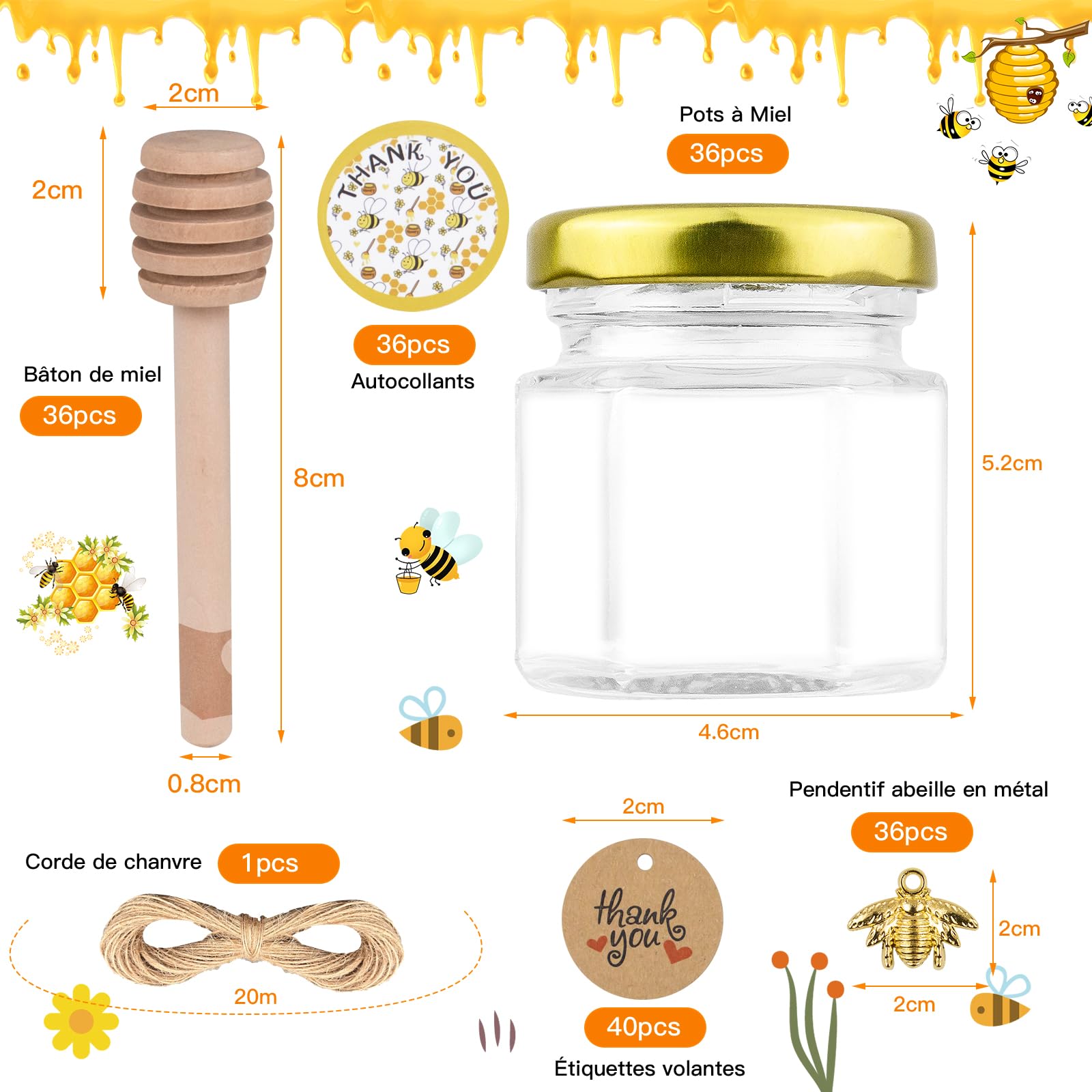 Juego de 36 tarros de miel de cristal, mini olla de miel hexagonal, olla de miel con cuchara de madera, mini tarro de miel de regalo de invitado, olla de miel para baby shower