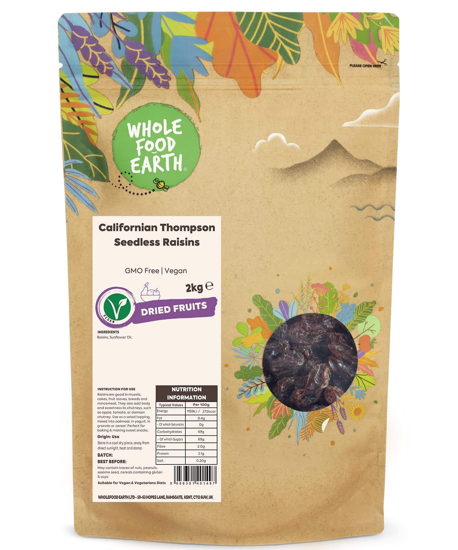 Wholefood Earth Californian Thompson Seedless Raisins 2 kg | GMO Free