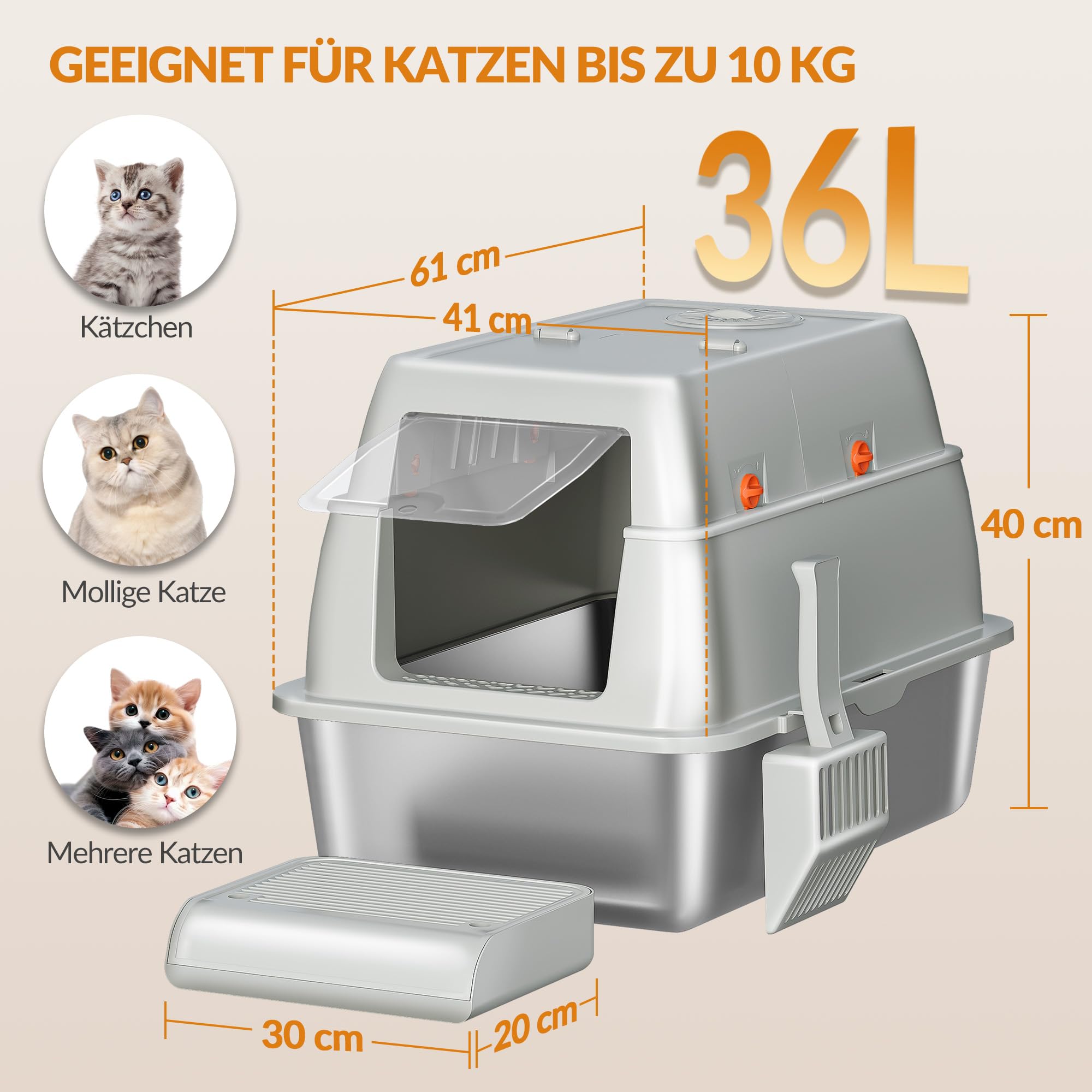 Edelstahl Katzenklo mit Deckel XXL, 61 x 41 x 40 cm, Hellgrau | Geschlossene Katzentoilette, 180°Klappdeckel, Inklusive Pedal und Schaufel, Leicht zu Reinigen, Modulares Design FPLB203SG1