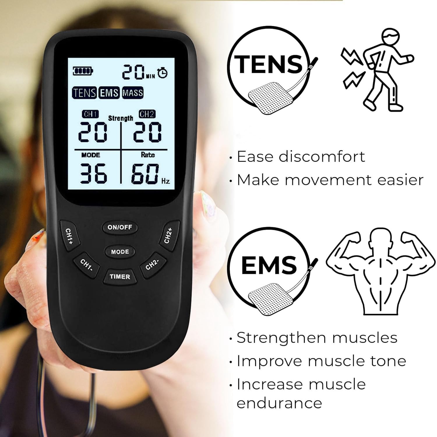Électrostimulateur musculaire 3 en 1 :TENS/EMS/Massage, thérapie anti-douleur TENS, stimulation électrique des muscles EMS, facile à emporter,36 programmes de Massage + 8 électrodes