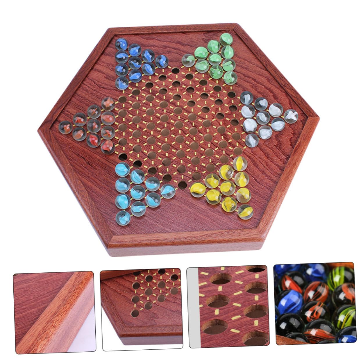BESTonZON Damas Chinas De Madera con De Vidrio para Niño Niña y Adultos Tablero Hexagonal Educativo y Divertido para