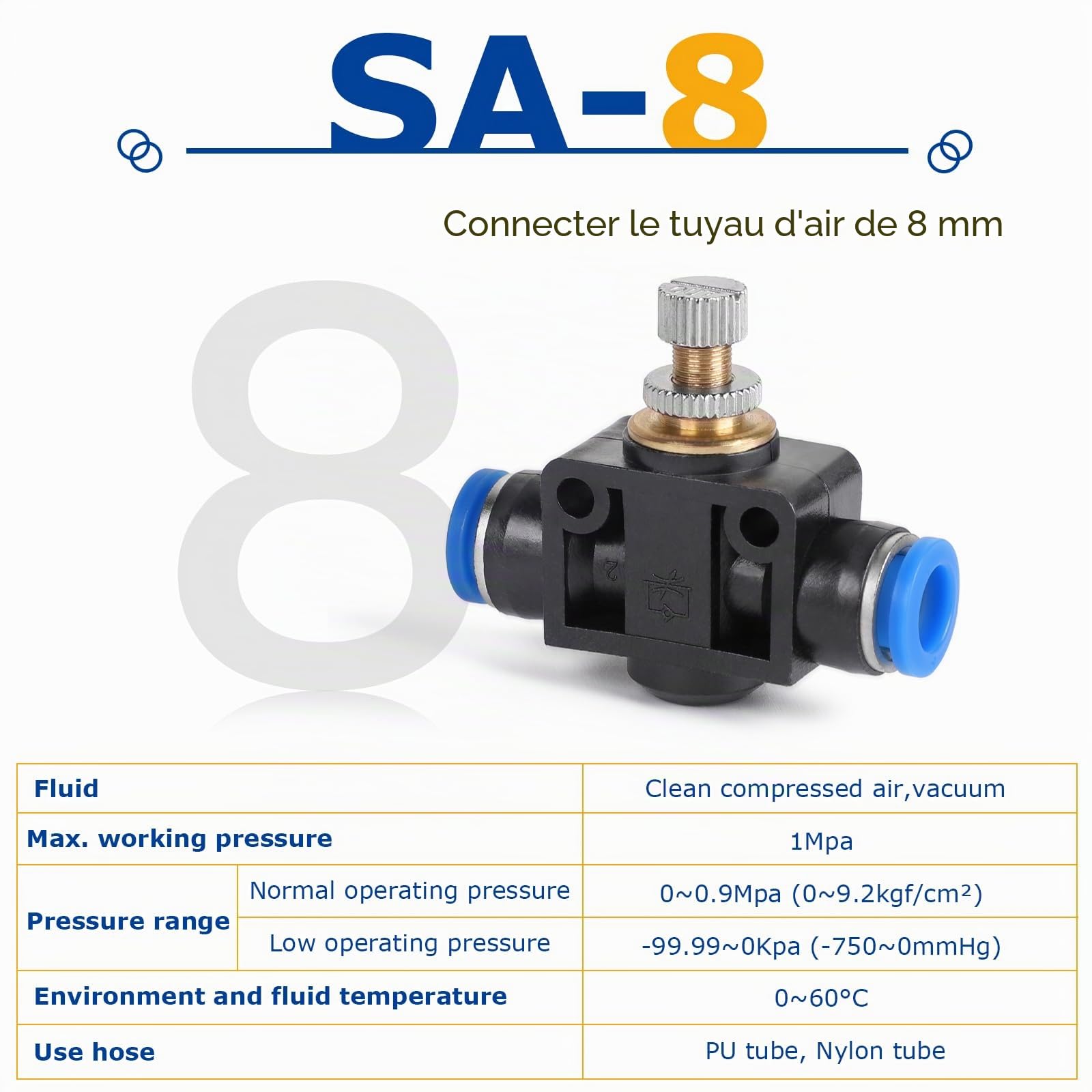 EFUTURETIME 6 x Raccord Pneumatique 8mm Vanne de Régulation de Débit d'Air, Vanne Raccords Pneumatique Droite Unidirectionnel Connecteur Rapide Push-In (SA8)
