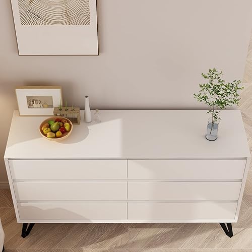 Miniatura 4 de Homsee Cómoda doble de 6 cajones con patas de metal cómoda de madera moderna con gran espacio de almacenamiento para dormitorio color blanco 514
