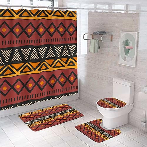 Juego de 4 piezas de accesorios de baño de tela de barro africano con cortina de ducha y alfombras, cortinas de ducha étnicas afrocéntricas tribales