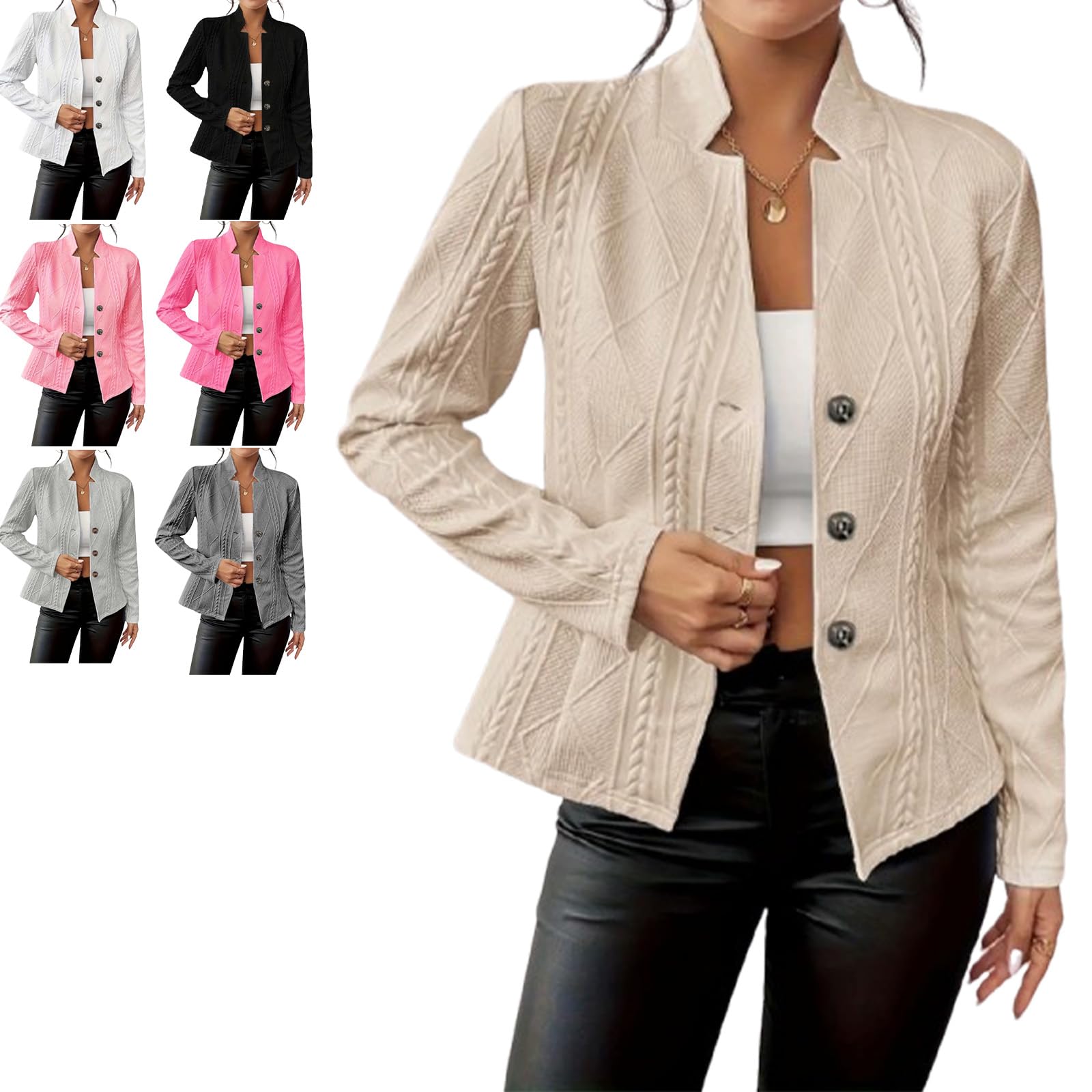Womens Textured Office Jacket Single Breasted Work Suit Jacket with Notch Collar Easy-Going Professional Jacket for Women