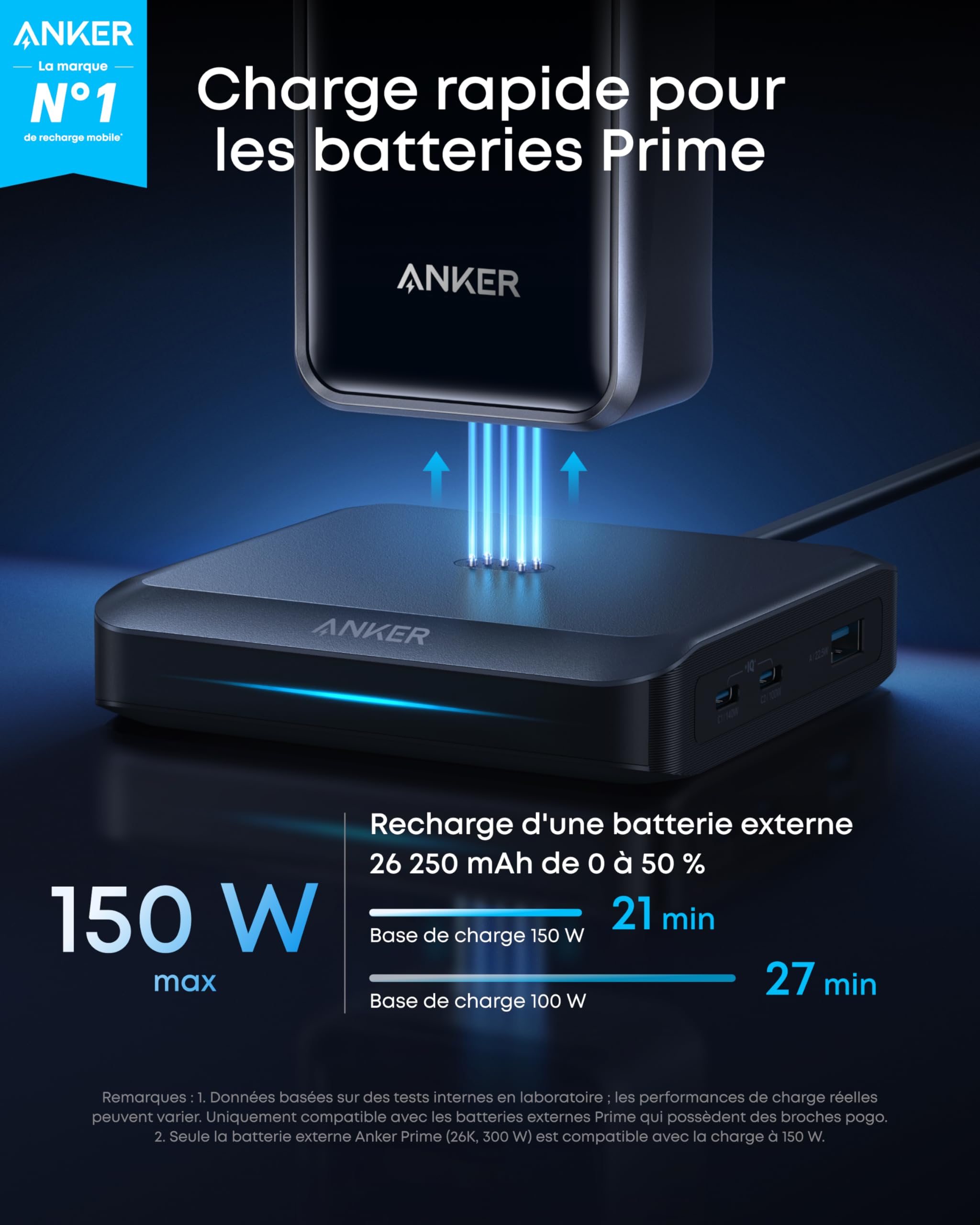 Anker Base de Charge 150W, 3 Ports (Batterie Externe Non Incluse) | Recharge Rapide pour Batterie Externe Anker Prime, Compatible avec MacBook Pro/Air, Dell, iPhone 17/16/15, Samsung et plus