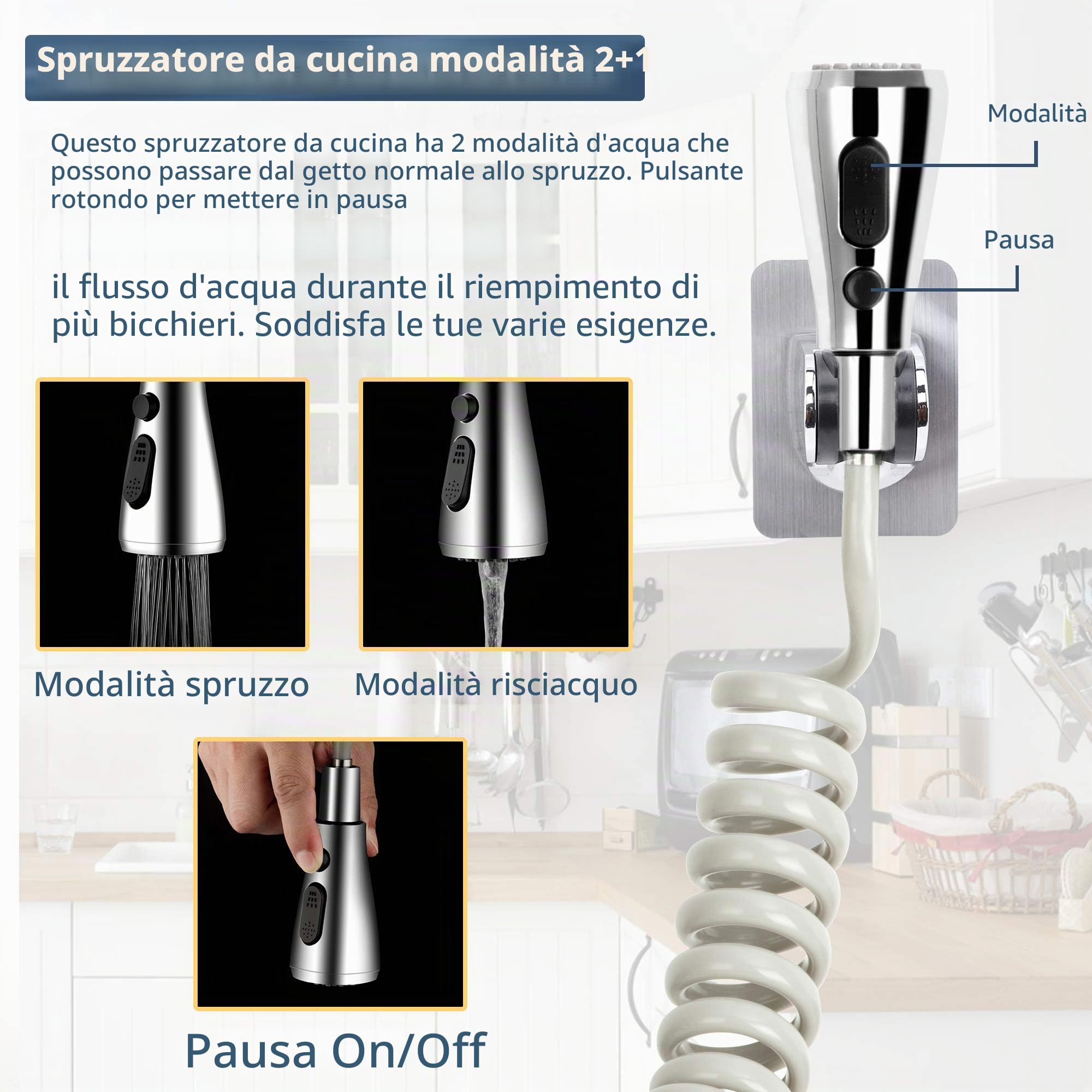 Spruzzatore per lavello da cucina, testa di ricambio per rubinetto con tubo di rinculo da 200,7 cm e supporto, aeratore e valvola deviatrice per rubinetto a risparmio idrico, set di attacco per