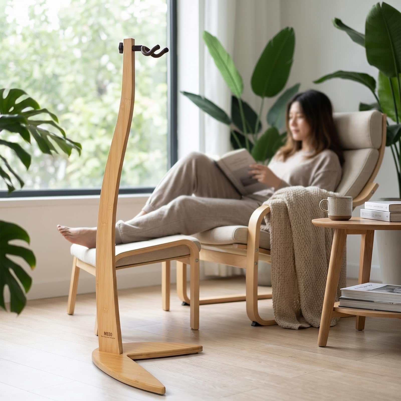 Porta Chitarra da Terra Antiscivolo Universale Salvaspazio Supporto per Soggiorno, Studio di Registrazione , Bambù Naturale