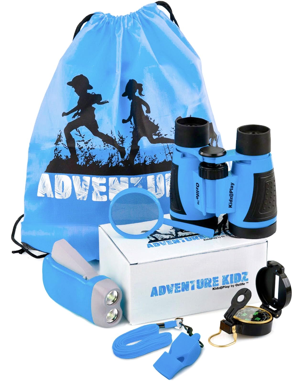 Adventure Kidz Outdoor Exploration Kit, Childrens Binoculars, Flashlight, Compass, Fox Whistle, Magnifying Glass, Backpack. Great Gift Set for STEM, Pretend Play, Ages 3+
