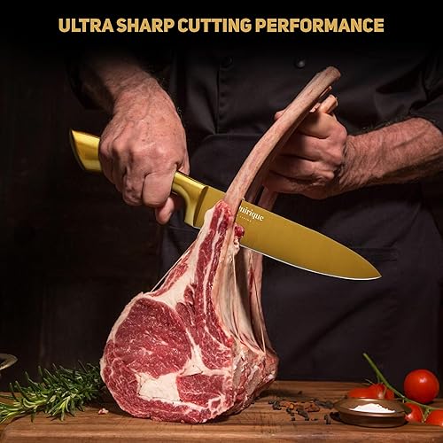 Miniatura 6 de Juego de cuchillos de cocina de lujo plateado y dorado con bloque y afilador de varilla, juego de cuchillos de acero inoxidable recubiertos de