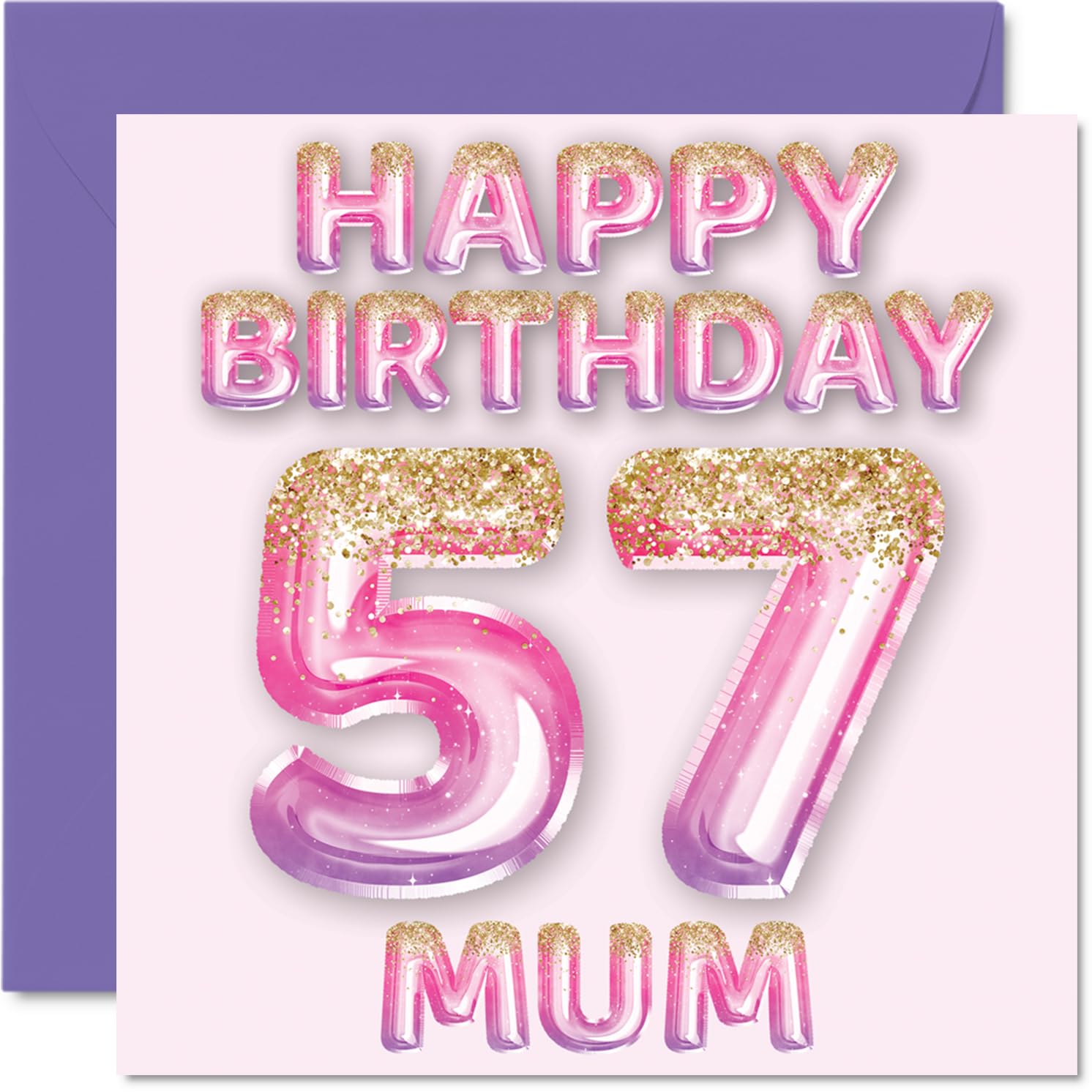 57th Birthday Card for Mum, Pink & Purple Glitter Balloons