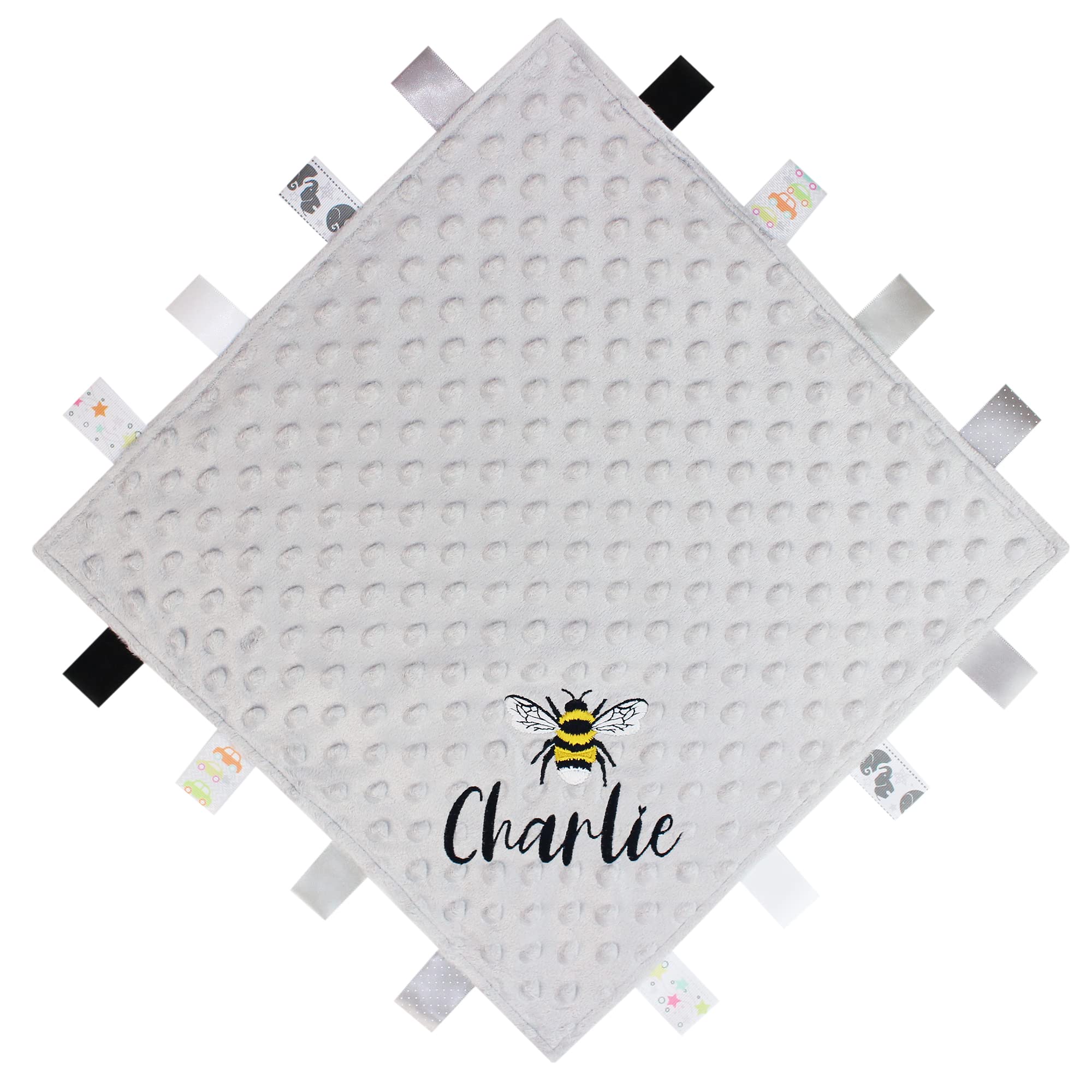 TeddyTsPersonalised Bumble Bee Baby Taggy Ribbon Comforter Blanket, Grey & Gold, 36cm