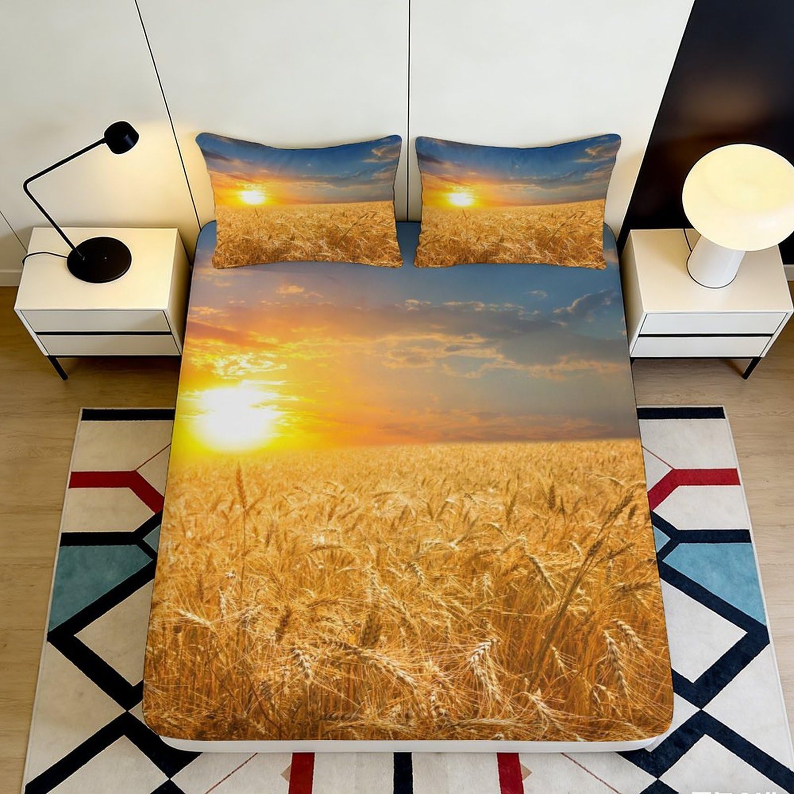 3D Printed Sunset Wheat Field Fitted Sheet Microfiber Soft Bed Cover Nature Landscape for Bedroom Dorm Décor 90x200x25cm