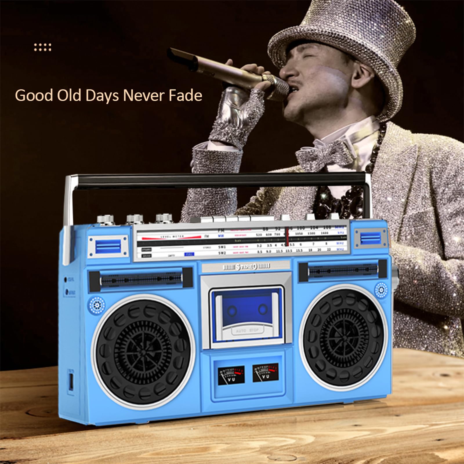 Boombox portatile con lettore di cassette Bluetooth con radio AM/FM/SW, registratore a nastro, supporto USB, jack per cuffie, suono stereo completo