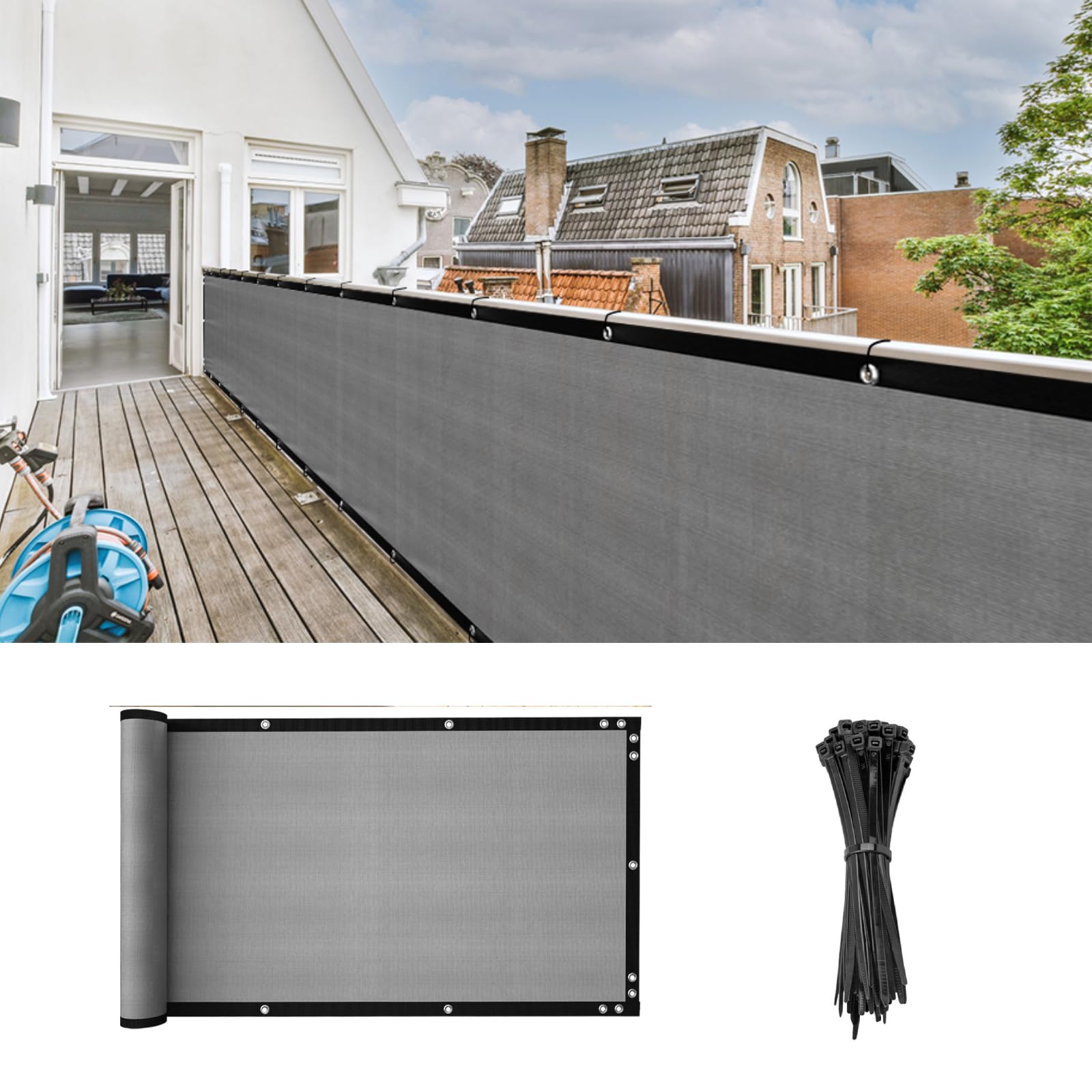 Cliselda Apartment Balcony Privacy Screen Fence, 3'x10' Grey Privacy Fencing Shield Cover Mesh Windscreen Railing Screen S...