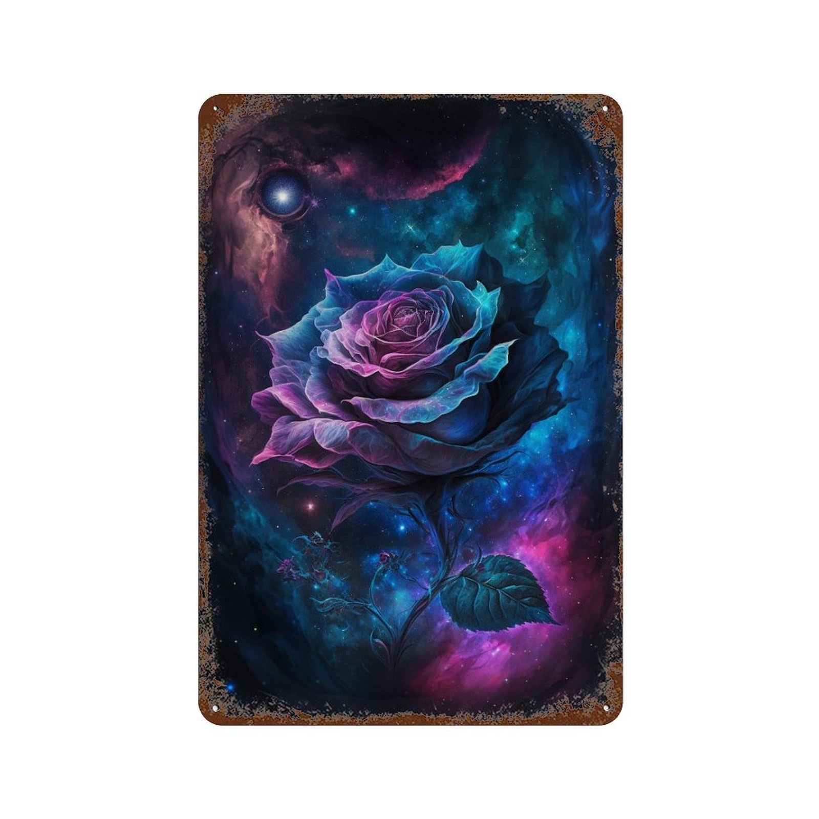 Cosmic Rose Fantasy Artwork Weathered Tin Sign 11.8"x7.9", Rustic Home Decor for Garage, Bar And Workshop Decor