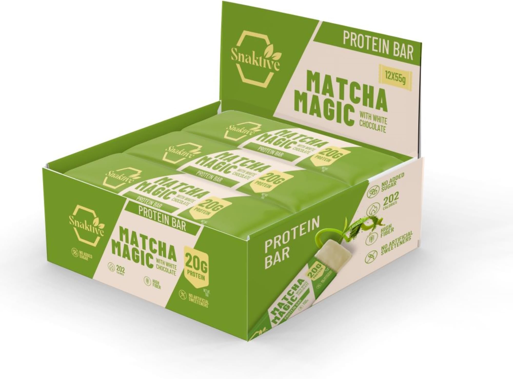 Snaktive Matcha Magic Protein Bar, High Protein and High Fiber Natural Clean Bar, 12x55G Crunchy Bars, Pre & Probiotics