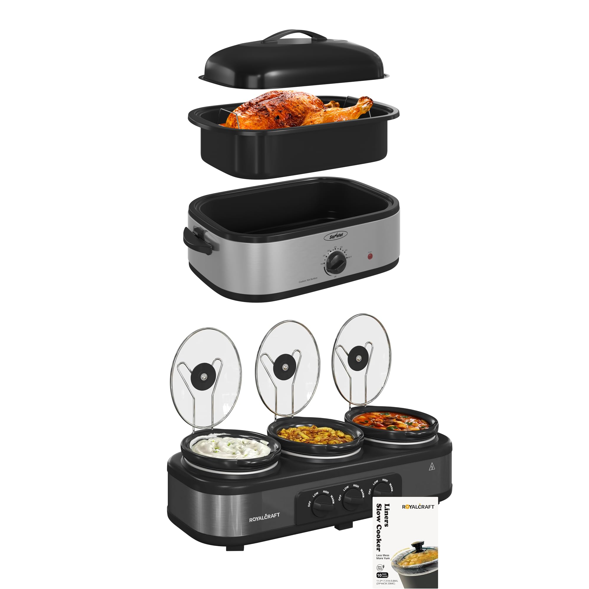 Sunvivi 14-Quart Electric Roaster Oven with Self-Basting Lid And Slow Cooker with 10 Cooking Liners Turkey Roaster Oven