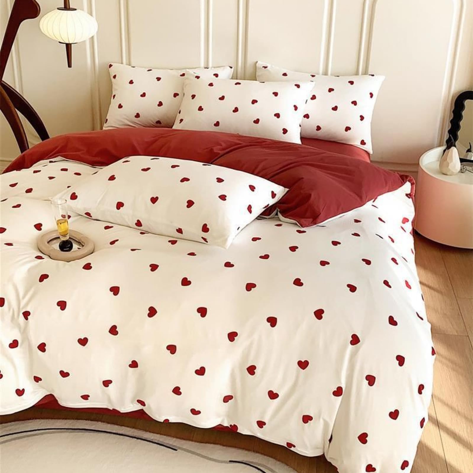Freyamy Herz Bettwäsche 135x200 4teilig Weiß Rot Herzen Bettwäsche Set | Aesthetic Bettwäsche Mädchen, Microfaser ÖKO-TEX Bettwäsche-Sets, 2 Bettbezug mit Reißverschluss und 2 Kissenbezug 80x80cm