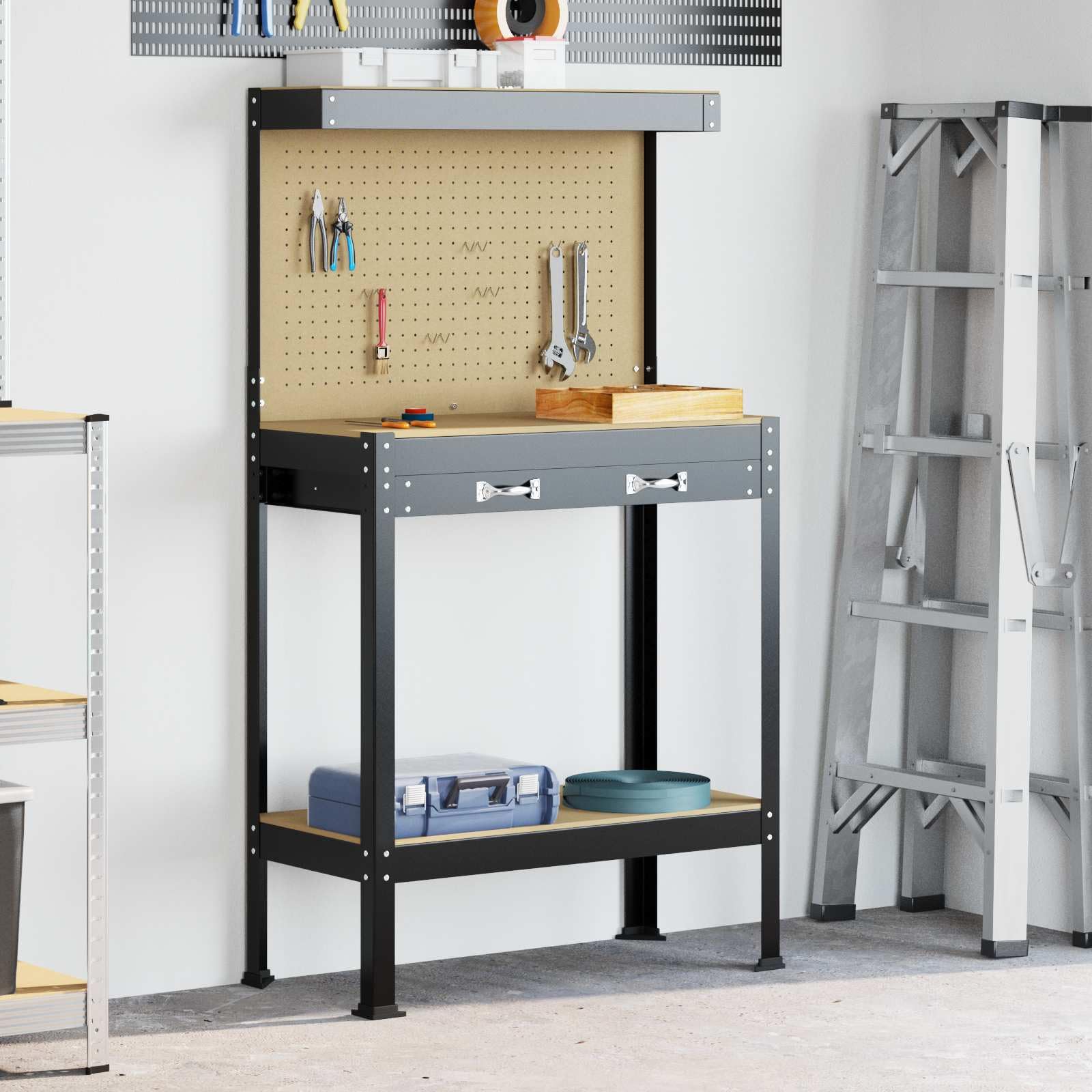 Banco de trabajo industrial con cajones, color negro, 81 x 41 x 145 cm, estructura de madera, estructura de metal, estanterías