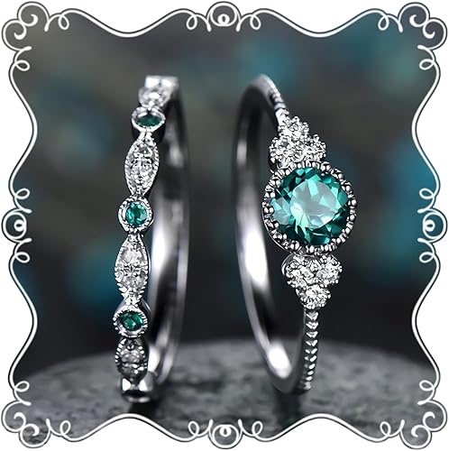 Juego de anillos de esmeralda chapados en plata de ley 925, anillo de zafiro con circonita cúbica, anillo minimalista personalizado para mujer