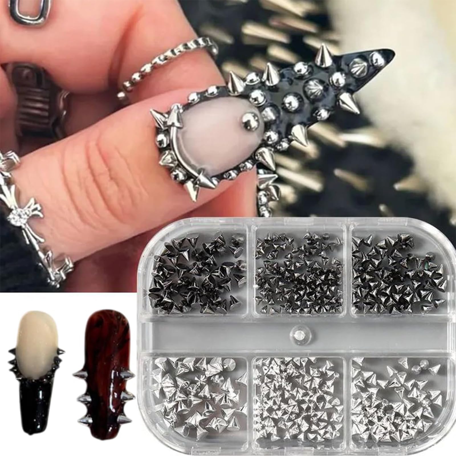 12 pudełek gotyckich zawieszek do paznokci, mini kolce do paznokci, punkowe ćwieki, styl wiktoriański i Halloween, manicure, dekoracje do paznokci, płaskie, metaliczne kolce 3D