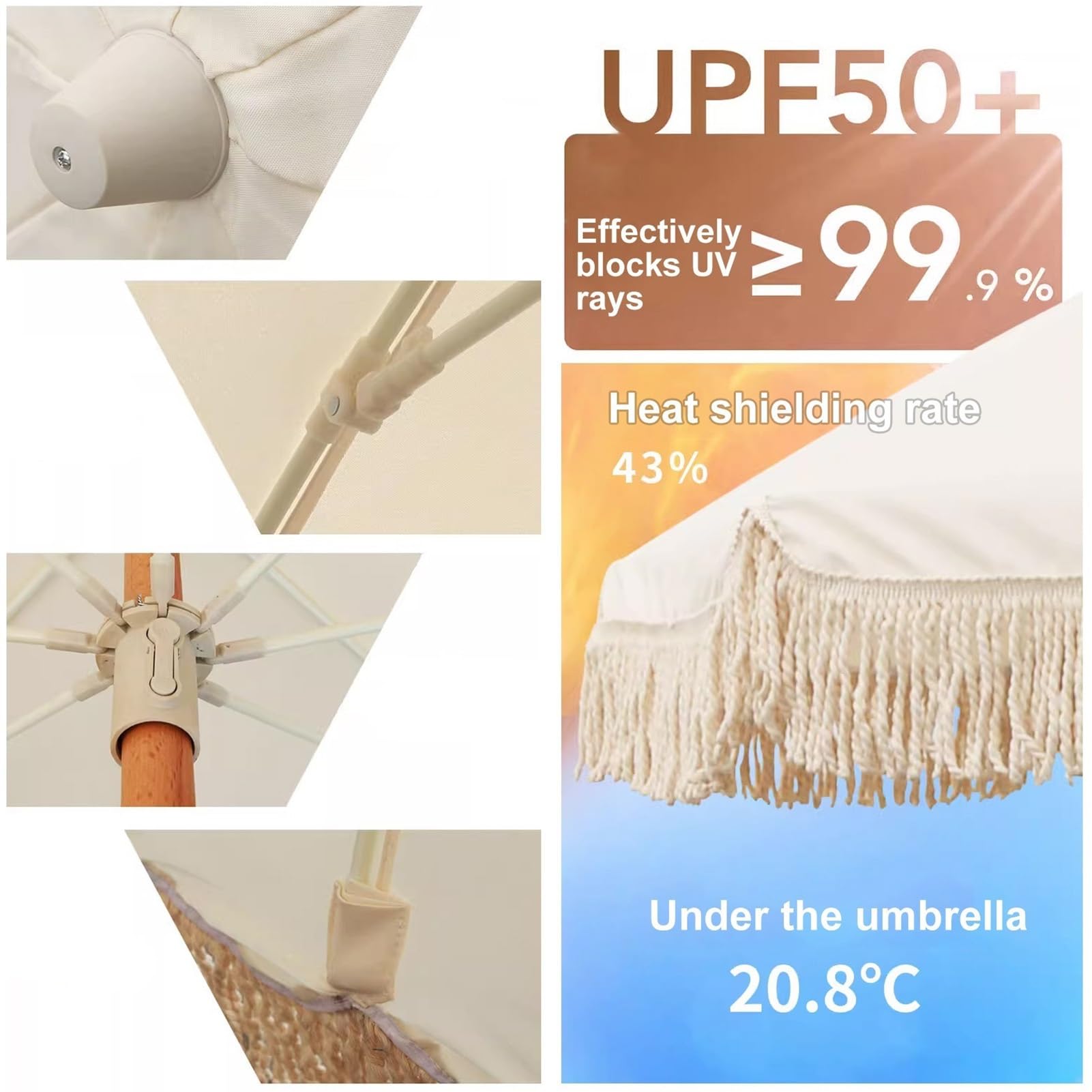 200 cm frędzlowany parasol ogrodowy, przenośny boho uchylny beach parasol, wodoodporny parasol z frędzlami