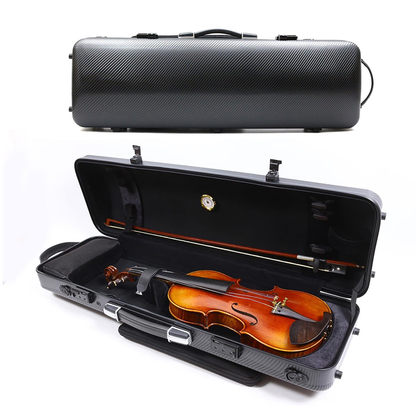 Custodia per violino 4/4 Full size ad alta resistenza in fibra di carbonio guscio rigido manici durevoli stoccaggio interno con cinghie zaino borsa spartiti (nero, serratura a combinazione)
