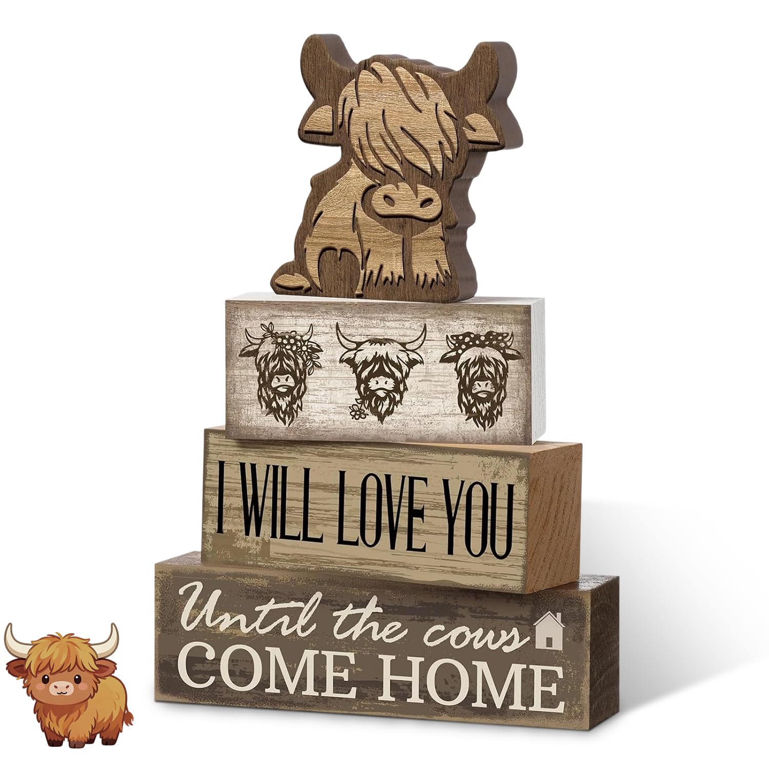 4 Pcs Highland Cow Decor Set, Wooden Home Ornaments for Living Room & Bedroom, Cow Decor with Farmhouse Style, Boxed; Includes Highlandcow, Highland Cow Bathroom Decor, Farmhouse Bathroom Decor (C)